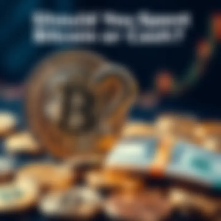 A visual representation of cash and bitcoin coins with a question mark, indicating a choice between spending bitcoin or cash.