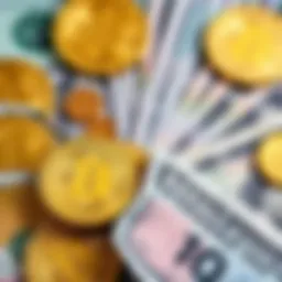 A visual representation of Bitcoin coins alongside traditional cash, highlighting the contrast between cryptocurrency and traditional money.