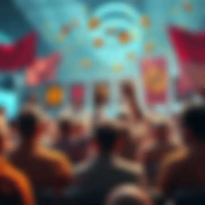 A group of Bitcoin enthusiasts celebrating King Geoffrey's influence at a forum, with banners and crypto symbols in the background.