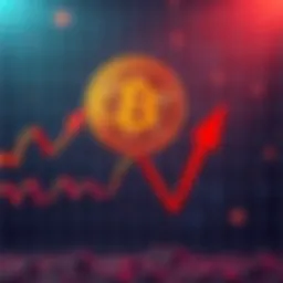 A graph showing Bitcoin's price dropping during a bear market with red arrows indicating decline.