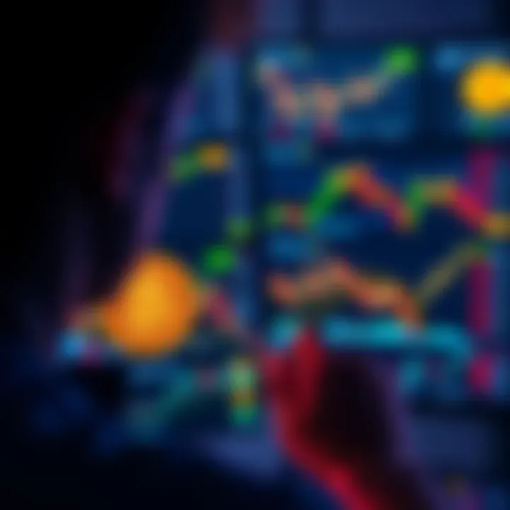 A person gazes at multiple Bitcoin price charts on a computer screen, displaying various trends and fluctuations.