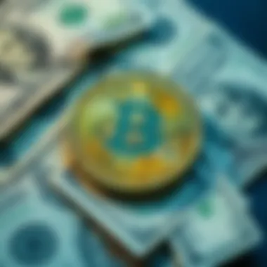 A Bitcoin coin placed on top of scattered dollar bills, symbolizing the debate over Bitcoin as future currency.