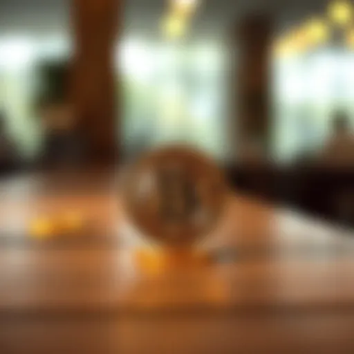 A Bitcoin coin placed on a wooden table with a blurred background, representing the concept of cryptocurrency value.