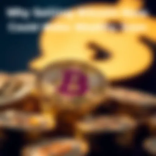 A close-up of golden Bitcoin coins stacked with a dollar sign in the background