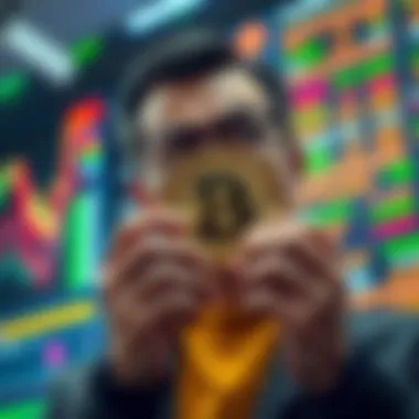 A person looking worried while holding a Bitcoin symbol with traditional stocks in the background