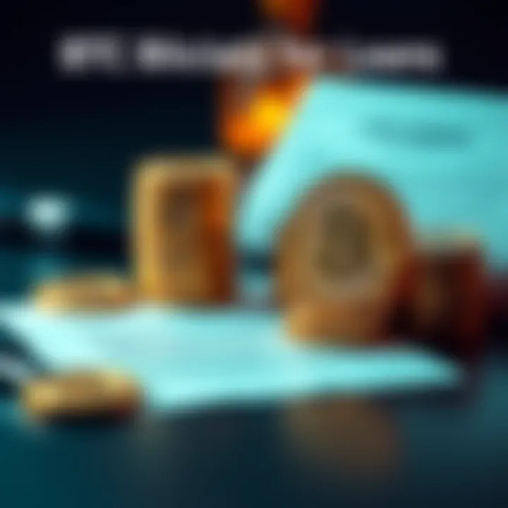 A visual representation of bitcoin coins stacked next to a loan agreement document, illustrating bitcoin being used as collateral for loans.