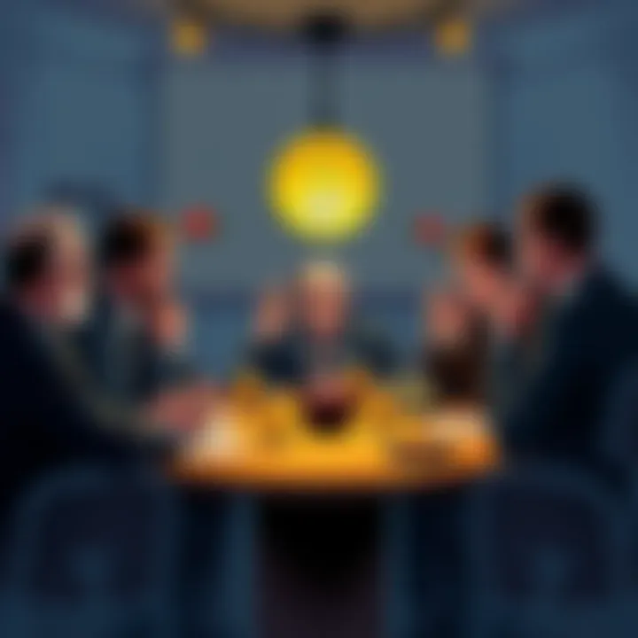 A group of people debating about Bitcoin at a round table with worried expressions, highlighting different opinions about cryptocurrency culture.