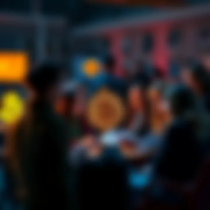 A group of diverse people gathered, discussing Bitcoin enthusiastically with charts and laptops around them.