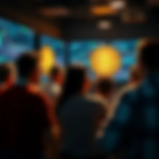 A group of people discussing Bitcoin, with charts and graphs displayed on screens, showcasing market trends and technical analysis.