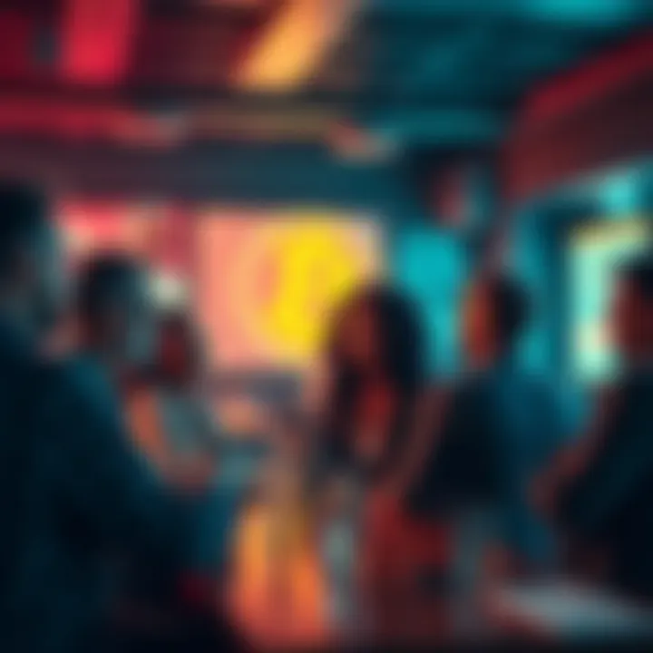 A group of people discussing Bitcoin assistance in a lively setting, sharing ideas and advice.