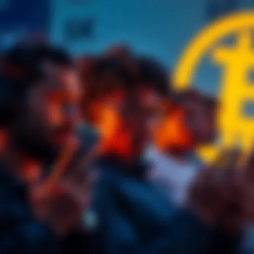 A diverse group of people looking at their phones, showing a sense of anticipation and frustration, with the Bitcoin symbol in the background.