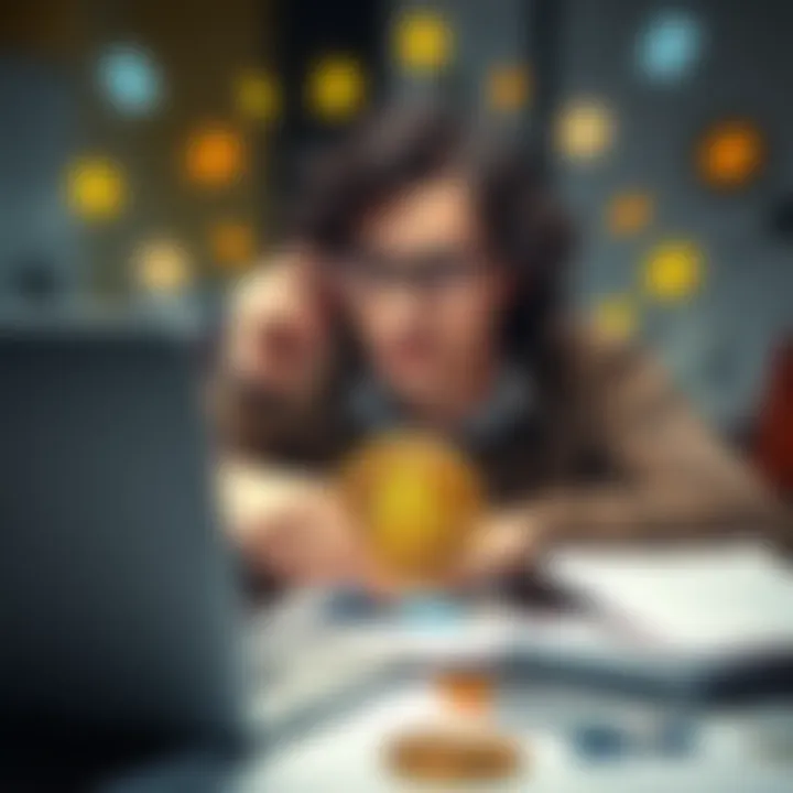 A person looking puzzled while studying Bitcoin concepts with a laptop and notes scattered around