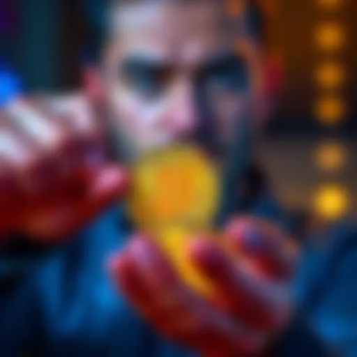 A person holding Bitcoin coins with a confident expression, symbolizing strong belief in cryptocurrency investment.