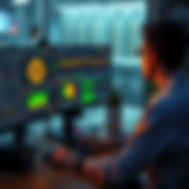 Person monitoring Bitcoin Core node A person sitting at a desk looking at a computer screen displaying Bitcoin Core node status and metrics
