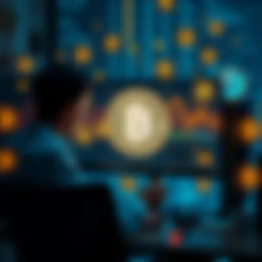 A person setting up a Bitcoin Core node on a computer with digital graphics of Bitcoin symbols around