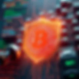 A digital shield representing enhanced security measures for Bitcoin Core, with bug-hunters exploring the code.