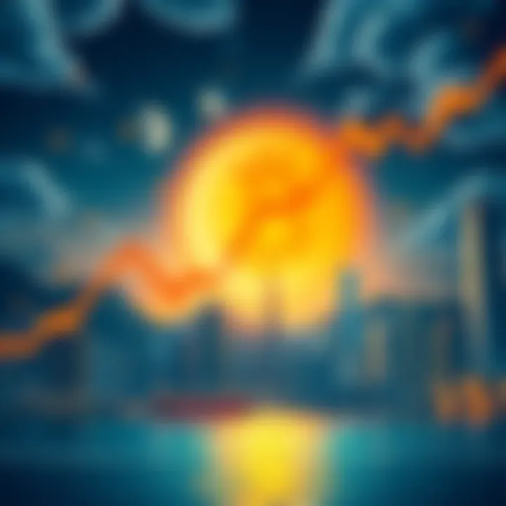 Illustration showing a downward trend in Bitcoin prices linked to hedge fund problems in Hong Kong with a city skyline