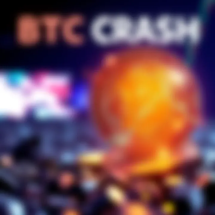 A falling Bitcoin symbol with a graph showing a decline, representing market instability.