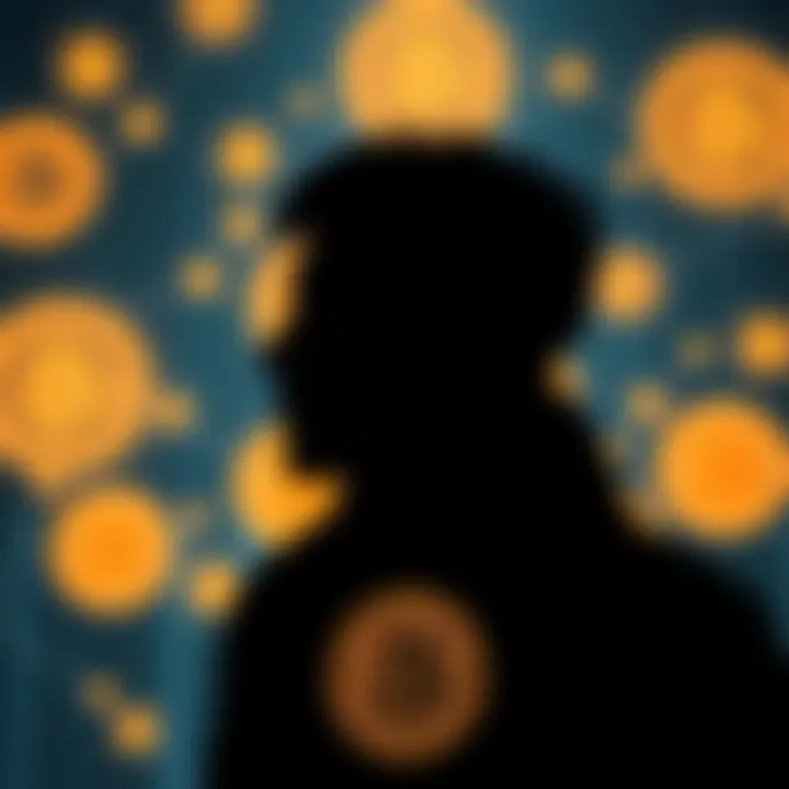 A silhouette of a person with Bitcoin symbols in the background, representing the mystery of Satoshi Nakamoto's identity.