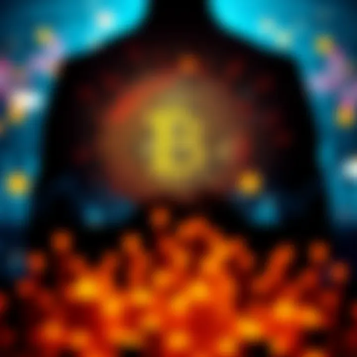 A silhouette of a person with a digital background showing Bitcoin symbols and graphs, symbolizing the search for Bitcoin's creator.