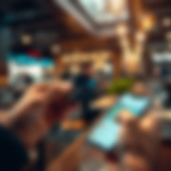 A person using a crypto card to pay at a cafe with Bitcoin, showing the card and a mobile payment app on a smartphone.