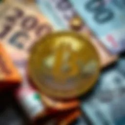 A golden Bitcoin coin surrounded by various banknotes representing currency printing