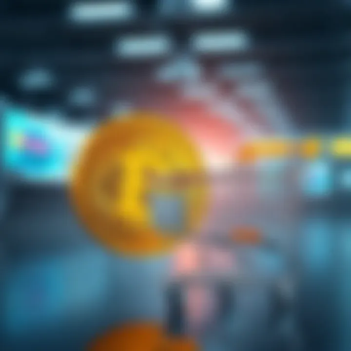 A Bitcoin currency symbol next to a shopping cart, representing everyday transactions.