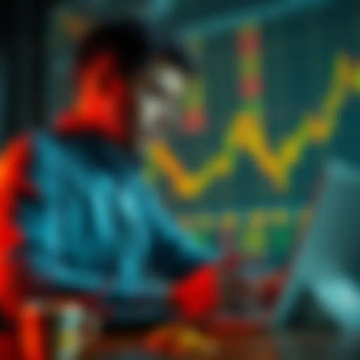 A beginner investor looking at Bitcoin prices with a calculator and a laptop, contemplating Dollar-Cost Averaging strategy.