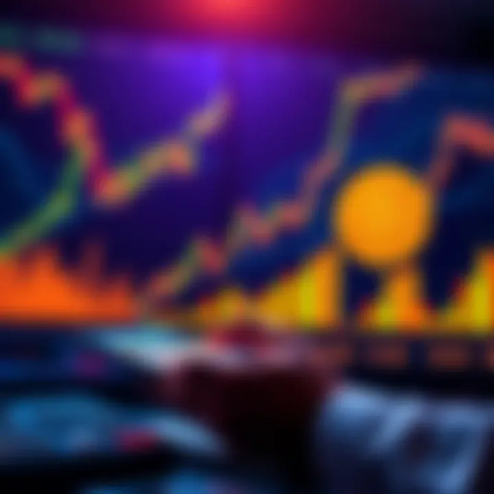 A person calculating investment in Bitcoin with charts and graphs showing rising prices in the background
