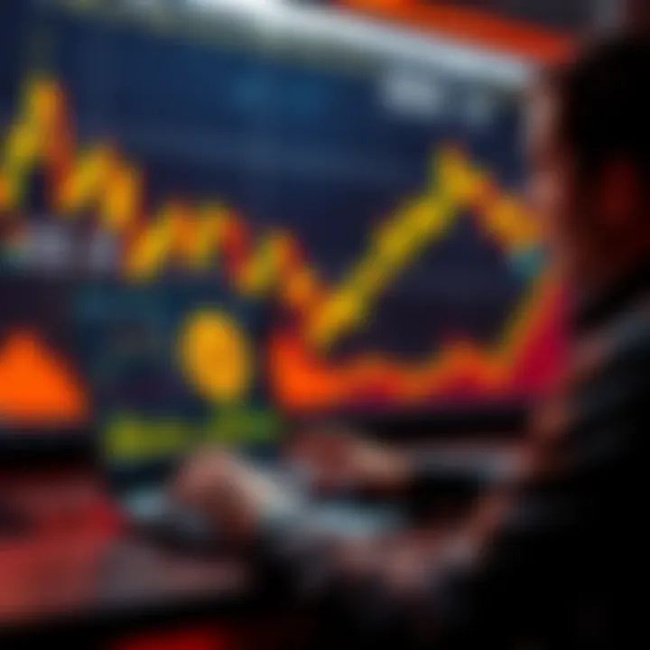 A person analyzing Bitcoin prices on a laptop amidst a bear market graph, symbolizing dollar-cost averaging investment strategy.