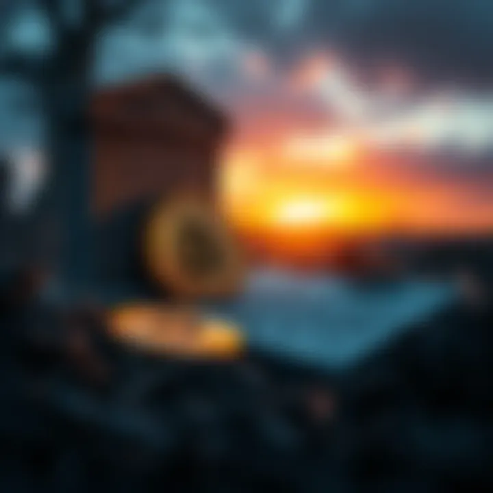 A Bitcoin coin lying on the ground next to a tombstone symbolizing its perceived death in the economy.