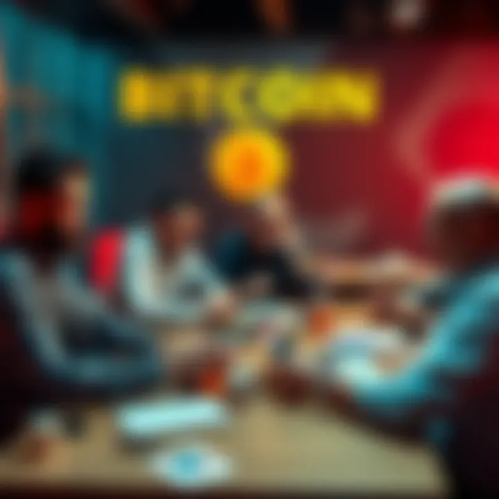 A group of people gathered around a table discussing bitcoin, with laptops and notes, showcasing mixed reactions.