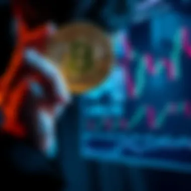 A person looking at a Bitcoin coin with a questioning expression, surrounded by charts showing fluctuating values.