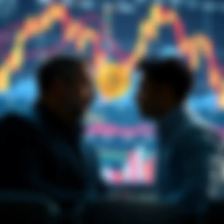 Two people discussing the pros and cons of Bitcoin with charts and graphs in the background