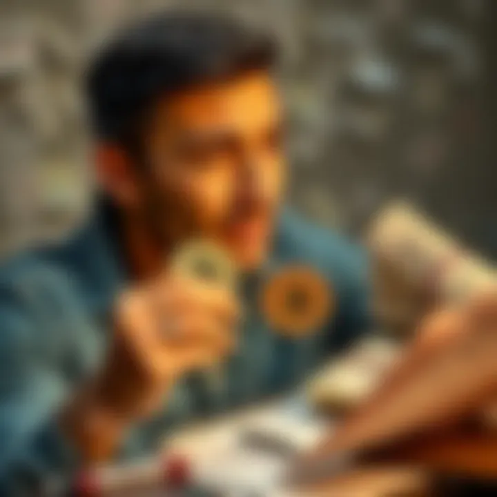 A person looking relieved while holding Bitcoin coins, surrounded by bills and tax documents, symbolizing financial relief from high taxes.