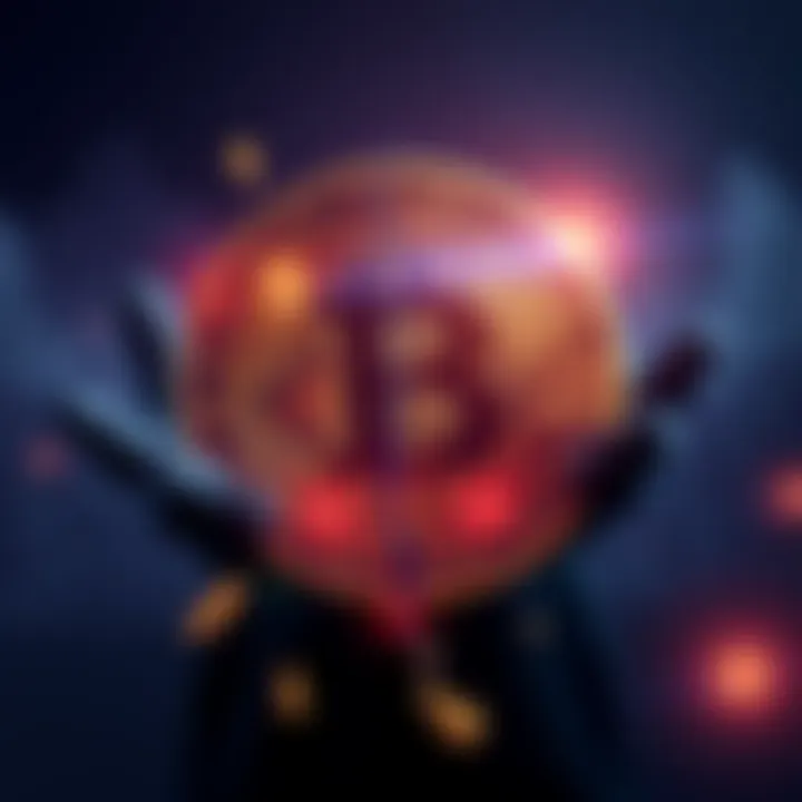 A broken Bitcoin symbol with shadowy figures behind it, representing the lies surrounding cryptocurrency.