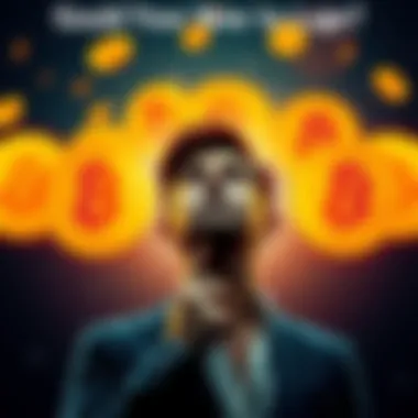 A person pondering a job decision with Bitcoin symbols around them, weighing stability against potential gains.