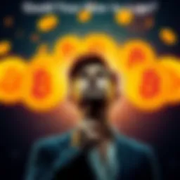 Bitcoin Decision A person pondering a job decision with Bitcoin symbols around them, weighing stability against potential gains.