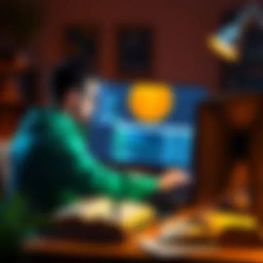 A person studying Bitcoin development on a computer, surrounded by tech books and coding resources.