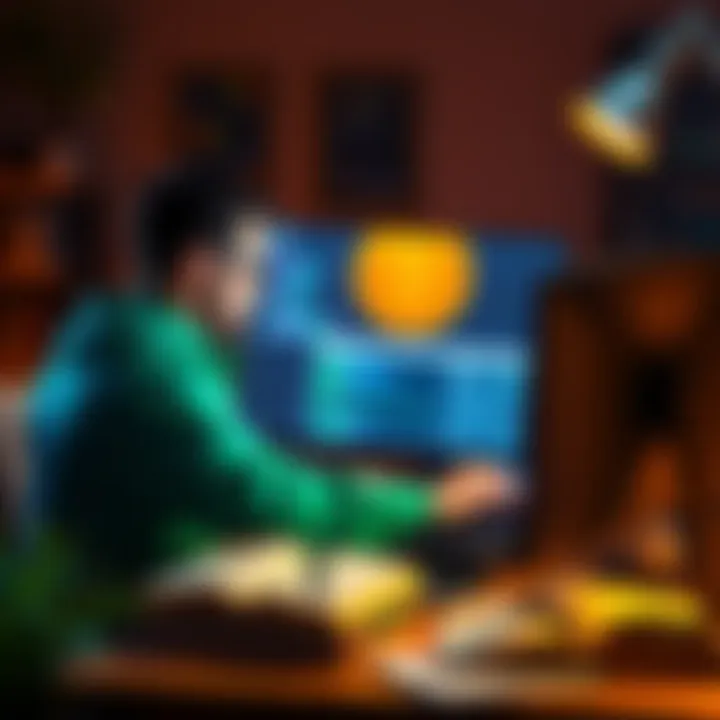 A person studying Bitcoin development on a computer, surrounded by tech books and coding resources.