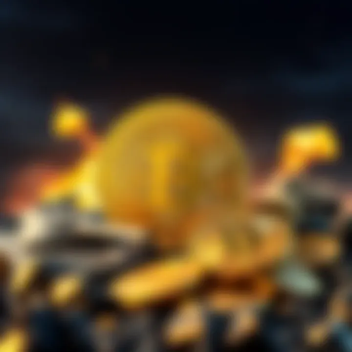 Bitcoin represented as gold coins with war-related symbols like tanks and explosions in the background