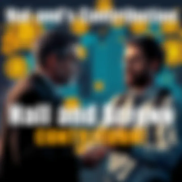 Two people discussing Bitcoin, highlighting a debate on its creators Hal and Len, with a backdrop of cryptocurrency symbols.