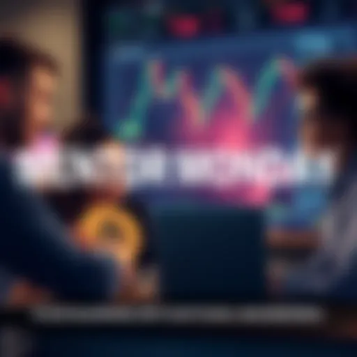People engaging in a conversation about Bitcoin with a laptop and charts in the background