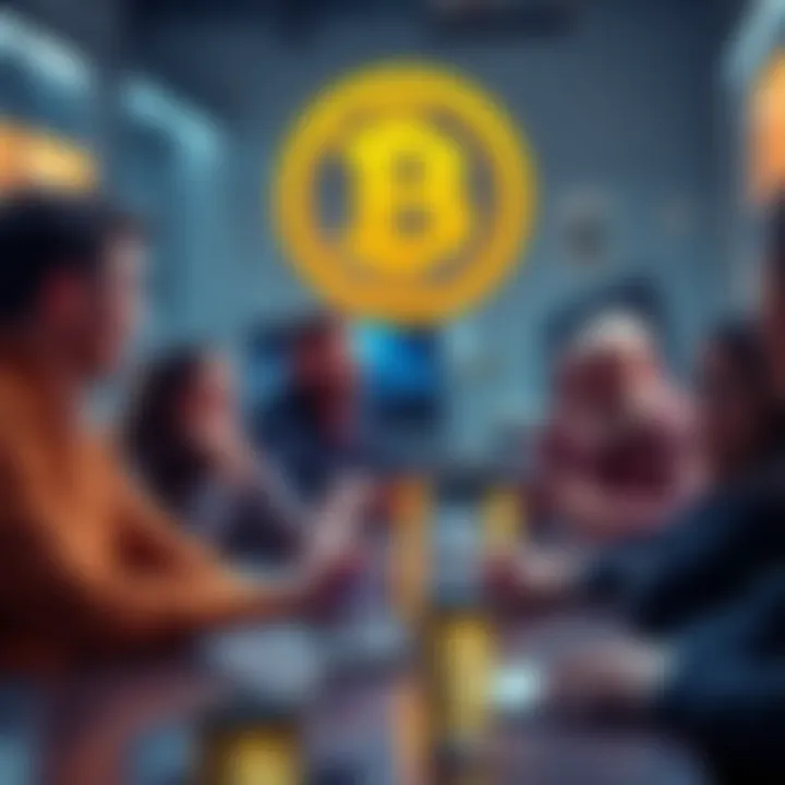 People engaging in a conversation about Bitcoin with laptops and smartphones