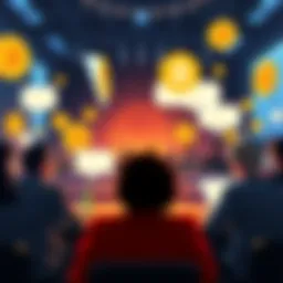 A visual representation of people discussing Bitcoin in a forum setting with text bubbles and Bitcoin icons.