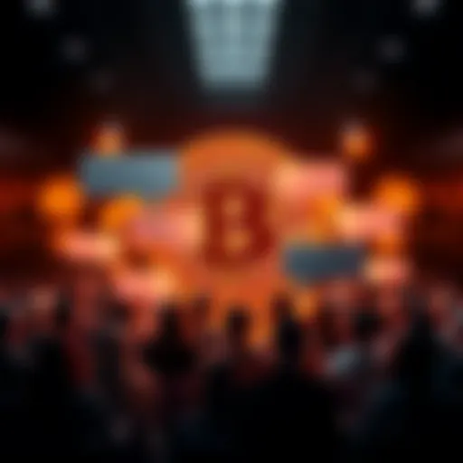 A digital representation of a Bitcoin logo with chat bubbles, symbolizing a discussion among people about cryptocurrency.
