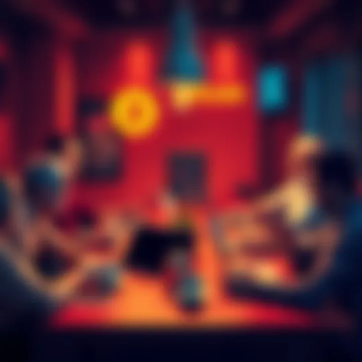 People engaging in a lively Bitcoin discussion around a table with laptops and coffee cups