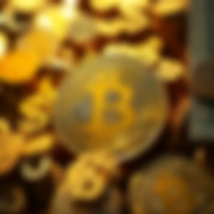 A Bitcoin symbol surrounded by dollar signs illustrating its impact on the financial system.