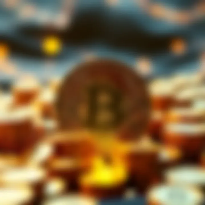 A Bitcoin symbol surrounded by shining gold coins, representing its dominance in the cryptocurrency market.