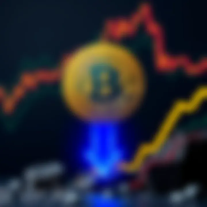 Bitcoin symbol with a downward arrow, representing the struggles in its market value